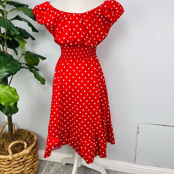 Red Retro 1950s Polka Dot Smock Swing Dress - Picture 2 of 8